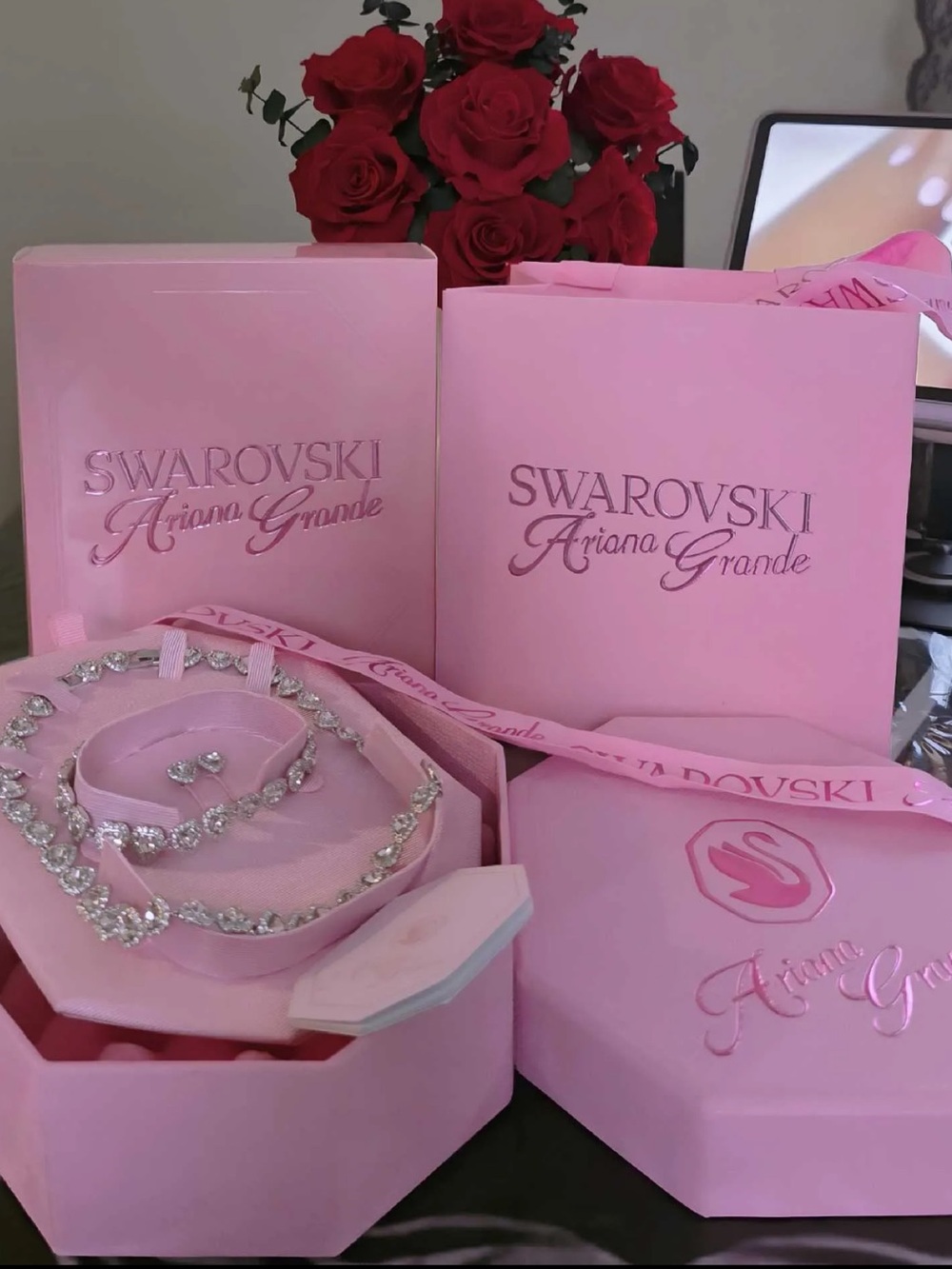 Ariana Grande Pink Crystal Necklace and Bracelet Set